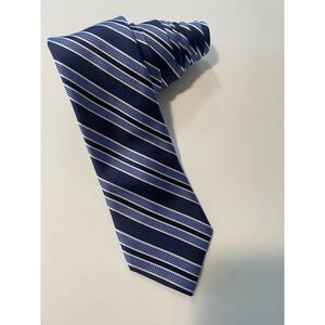 Jos A Bank Traveler Mens Silk Tie Navy Blue White Striped Stain Resistant